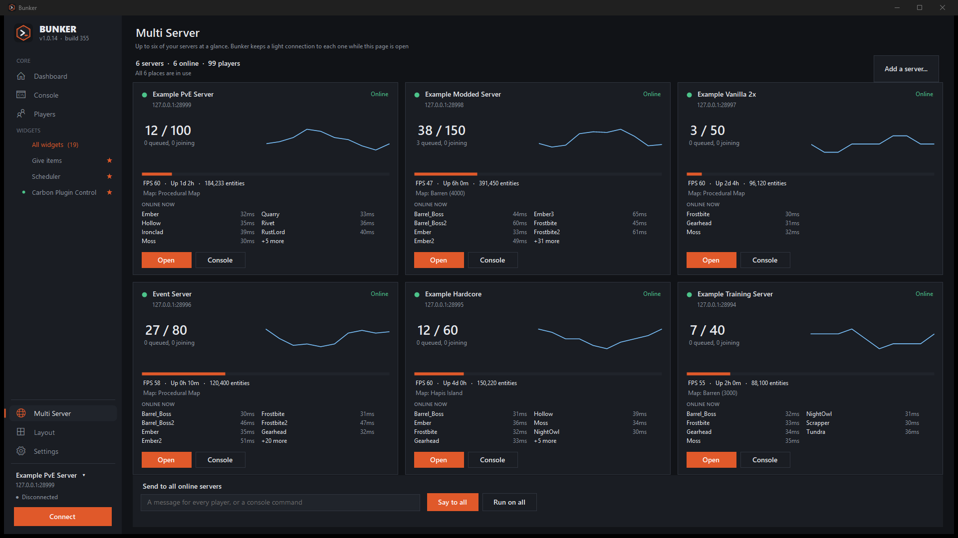 The Multi Server page with six server cards